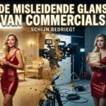 Een gesplitste afbeelding met als titel 'DE MISLEIDENDE GLANS VAN COMMERCIALS'. De linkerkant toont een perfect gestileerde opname met een model in een sprankelende jurk, omgeven door goudkleurige meubels en helder licht, die een doos met 'GLANS LUXE' vasthoudt. De rechterkant, die de backstage-realiteit onthult, toont hetzelfde model onder gewoon licht, met dezelfde doos, maar met technische apparatuur, kabels, dozen en een vermoeide crew zichtbaar. De splitsing is gemarkeerd door goudkleurige spetters en de ondertitel 'SCHIJN BEDRIEGT'.