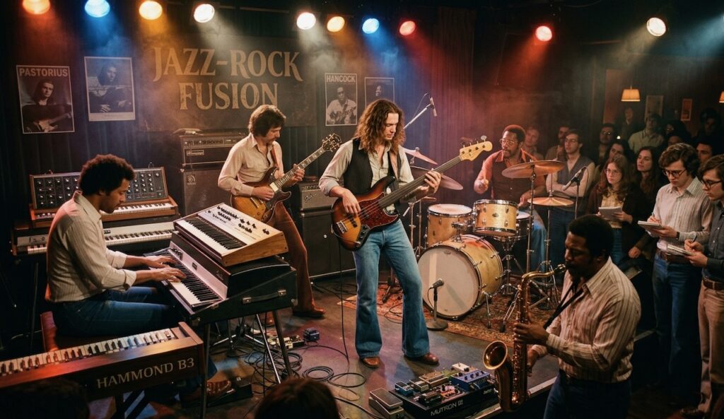 Vier muzikanten spelen aandachtig samen in een studio vol indrukwekkende muziekapparatuur, keyboards en instrumenten ter illustratie van jazz-rock fusion.