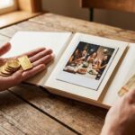 Iemand aan tafel heeft geld in zijn hand, hij kijkt naar de waarde ervan. Er ligt ook een foto waarvan hij inziet dat die meer waarde heeft.