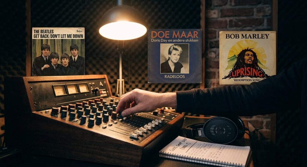 Sfeervolle vintage studio met mengtafel, koptelefoon en platenhoezen van The Beatles, Doe Maar en Bob Marley voor het artikel Guus gaat diep.