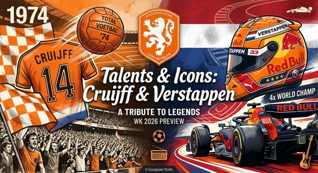 Sporticonen Johan Cruijff en Max Verstappen inspiratie voor het WK voetbal 2026 blog Guusgroen Studio.